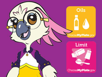 Illustration of Olive the bird and icons for healthy oils and limit sugar